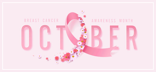 Breast cancer october awareness month pink ribbon and spring poster background,vector illustration