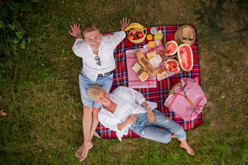 top view of couple enjoying picnic time