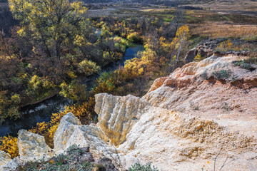 The output of limy rocks of organic origin near the river. Western Siberia, Russia