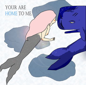 Pink mermaid, taking out her shadow represented as a whale