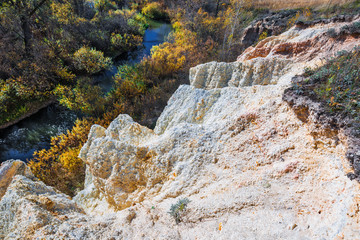 The output of limy rocks of organic origin near the river. Western Siberia, Russia
