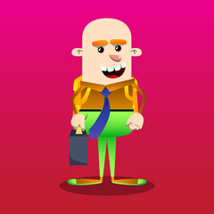 Schoolboy as boss with suitcase or bag and tie. Vector cartoon character illustration.