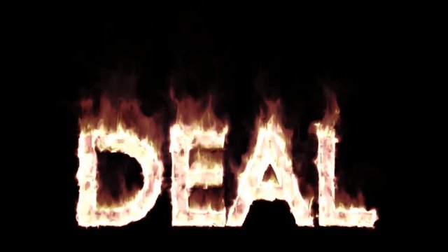Animated burning or engulf in flames all caps text deal for promotional or marketing or commercial use. Fire has transparency and isolated and easy to loop. Mask included.