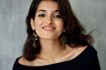 beautiful woman with flowing hair smiling portrait beauty model