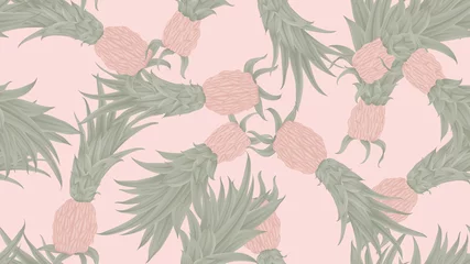 Fototapeten Floral seamless pattern, pink and green Bromeliaceae on pink background, pastel vintage theme © momosama