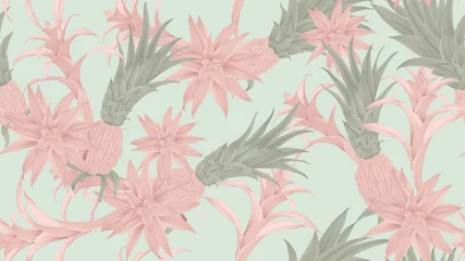 Fototapeten Floral seamless pattern, pink and green Bromeliaceae on blue background, pastel vintage theme © momosama