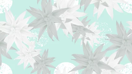 Gardinen Floral seamless pattern, light green Bromeliaceae and grunge dotted on blue background, pastel vintage theme © momosama