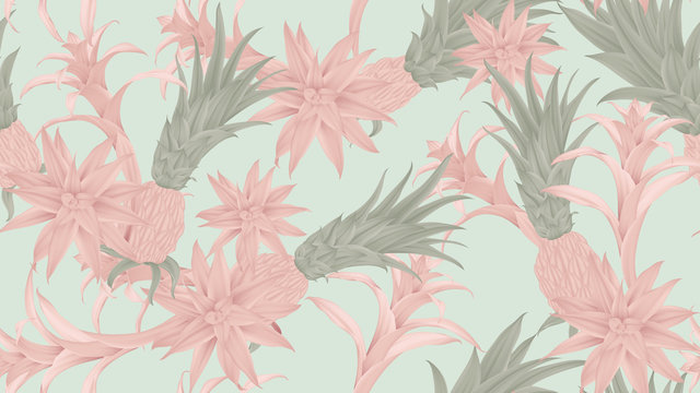 Floral seamless pattern, pink and green Bromeliaceae on blue background, pastel vintage theme