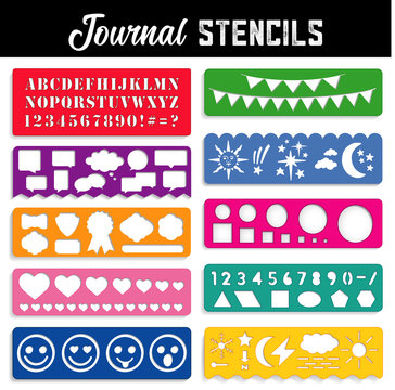 Journal Stencils, ten stencils to create text, art, graphics for journals, travel, day books, bullet journals,  diary: alphabet, numbers, shapes, emojis, word bubbles, badges, pennants, weather icons 