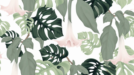 Floral seamless pattern, Brugmansia or Angels trumpet flowers and split-leaf Philodendron plant on light gray background, pastel vintage theme