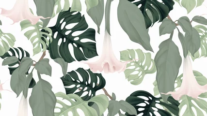 Fotobehang Floral seamless pattern, Brugmansia or Angels trumpet flowers and split-leaf Philodendron plant on light gray background, pastel vintage theme © momosama