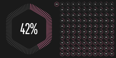 Naklejka premium Set of hexagon percentage diagrams from 0 to 100 ready-to-use for web design, user interface (UI) or infographic - indicator with pink