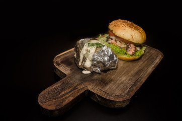 Gourmet hamburger with beef and shrimps