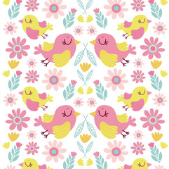 Patron pajaros rosado amarillo tierno planta flores bebe alegre infantil 