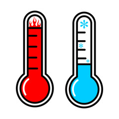 Thermometers measuring heat and cold, vector illustration. Thermometer equipment showing hot as fire or cold as snow weather. Isolated on white background