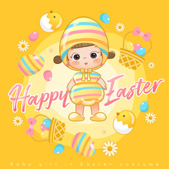 Naklejka premium Baby girl in easter costume surrounding with easter colorful elements for Easter Card Template : Vector Illustration