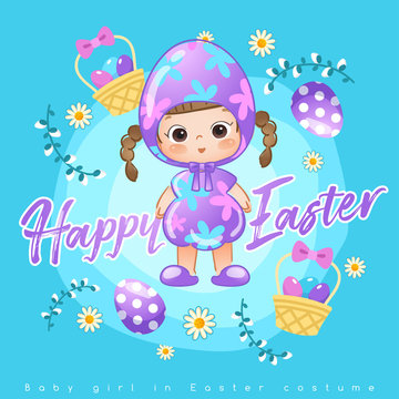Baby girl in easter costume surrounding with easter colorful elements for Easter Card Template : Vector Illustration © da_on