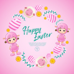 Baby girl in easter costume surrounding with easter colorful elements for Easter Card Template : Vector Illustration