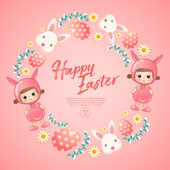 Baby girl in easter costume surrounding with easter colorful elements for Easter Card Template : Vector Illustration