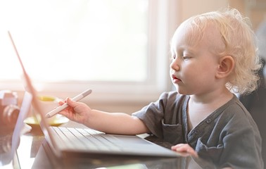 Baby playing with laptop computer