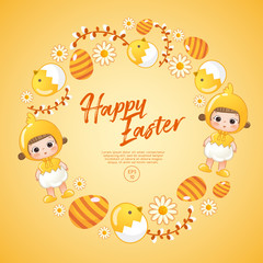 Baby girl in easter costume surrounding with easter colorful elements for Easter Card Template : Vector Illustration