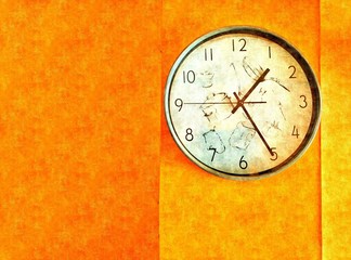Vintage wall clock on orange wall background in oil paint technique for art and interior decorations design concept, illustration mode