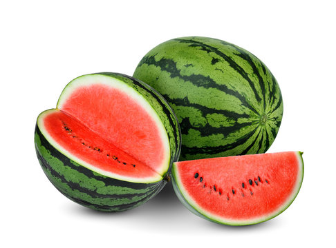 whole and half  watermelon with slice isolated on white background