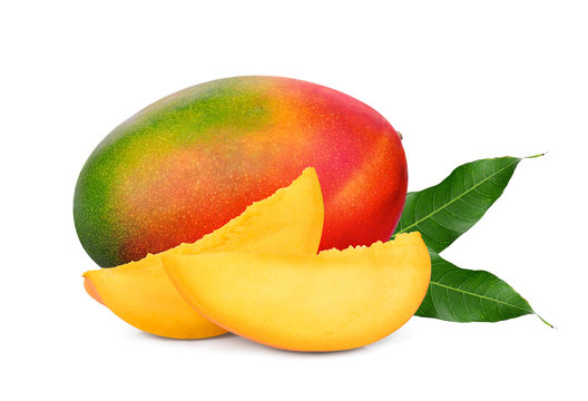 whole and slices ripe mango fruit with leaf isolated on white background