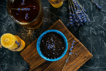 Tea, candles and lavender. The concept of comfort and autumn.