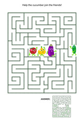 Maze game with cute vegetable characters: Help the cucumber join the friends. Answers included. Suitable for Thanksgiving Day holiday celebration fun activities.