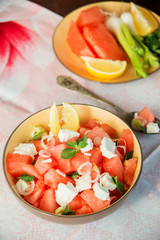 Summer light salad of watermelon, lime, mint and cheese