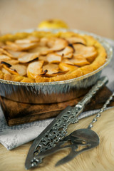 Traditional home-made autumn Apple pie-Charlotte, on a light background with appliances.