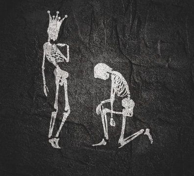 Man asking woman wearing crown to marry him. Cartoon illustration. Silhouettes of two skeletons