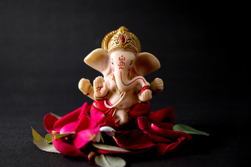 Lord Ganesha Idol with rose petals, white flowers and leaves on Black background, Ganesh pooja