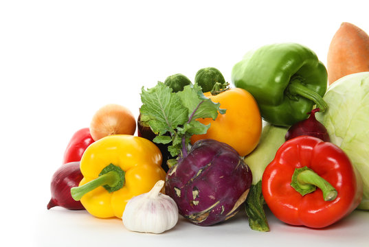 Fototapeta Heap of fresh ripe vegetables on white background. Organic food