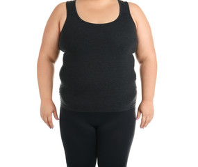 Overweight woman on white background, closeup view
