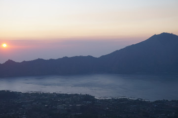 View of sunrise at dawn from Batur in Bali