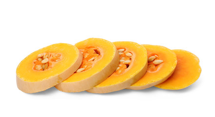 Sliced fresh raw pumpkin isolated on white