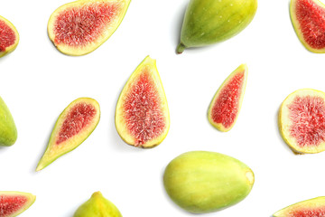 Fresh ripe figs on white background, top view