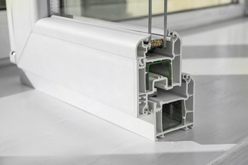 Sample of modern window profile on sill, closeup