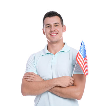 Portrait of man with American flag on white background