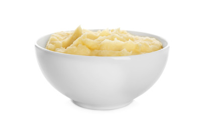 Bowl with mashed potatoes on white background