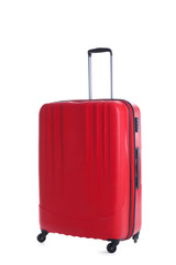 Red suitcase for travelling on white background