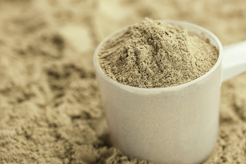 Measuring spoon and hemp protein powder, closeup. Superfood