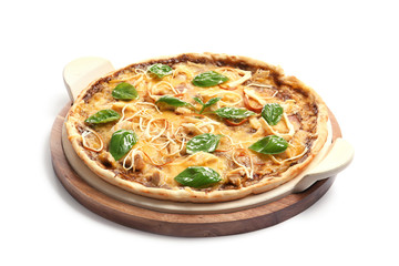 Wooden board with delicious homemade pizza on white background