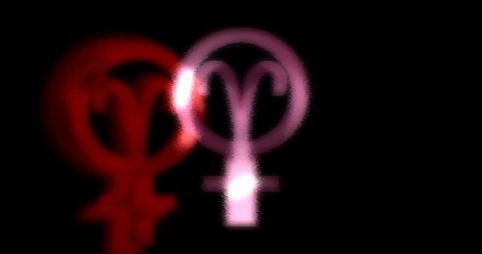Animation of colored female symbol together with the astrological sign of aries with the effect of glow and beating.