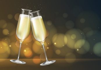 Realistic vector illustration of champagne glass on blurred holiday golden sparkle background