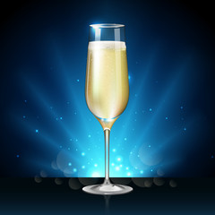 Realistic vector illustration of champagne glass on blurred holiday winter blue sparkle background