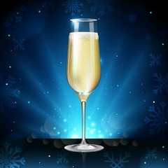 Realistic vector illustration of champagne glass on blurred holiday winter blue sparkle background