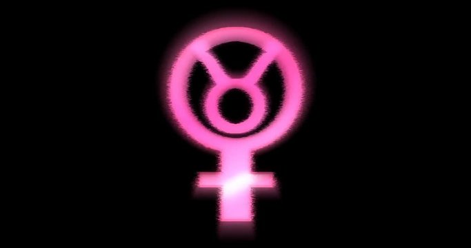 Animation of colored female symbol and zodiac scorpio sign with the effect of glow and beating.
